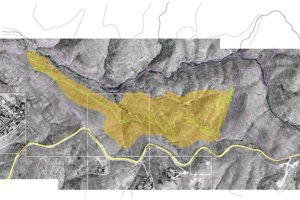 Design Map of planned mountain biking experience above Hulls Gulch Reserve, connecting Corrals Trail to Bob's Trail and the 8th Street Connection.