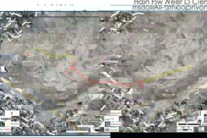 Map showing existing trail to be widened, new trail constructing, and material staging areas during trail construction.